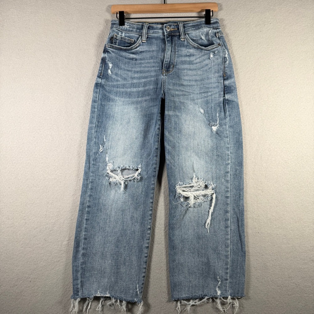 Judy Blue Wide Leg Distressed Jeans Medium Wash Ripped Raw Hem JB82256LT-CO 5/27